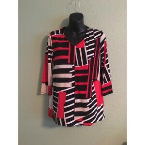 Chico's 0-S Red/Black/Beige 3/4 Sleeve V Neck Pleated Polyester/Spandex Blouse